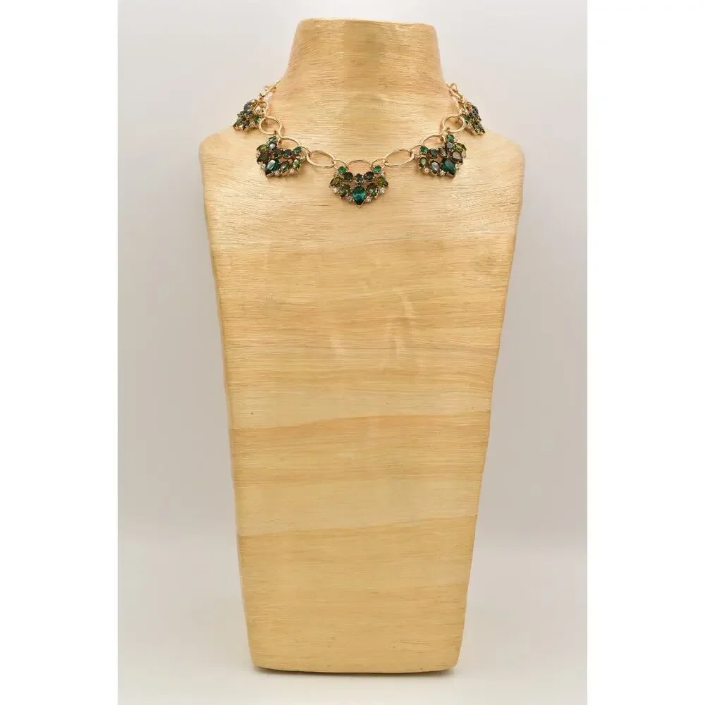 Carolee Vintage Crystal Collar Necklace Green Bezel Gold Glitz Signed Y2K BinA17